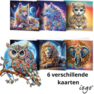 IZGO Diamond Painting Kaarten – 6 Wenskaarten met envelop - Zonder Tekst - Volwassenen – Volledig Hobby Pakket - Diamant schilderen - Wilde dieren