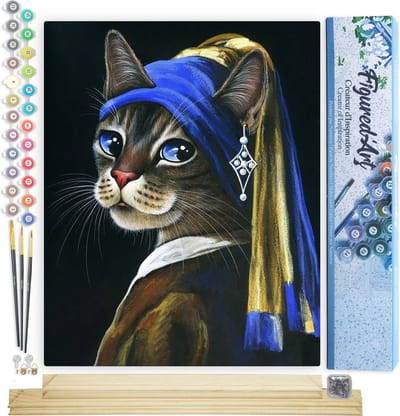 Figured'Art Schilderen op Nummer Volwassenen canvas Het jonge katje met de parel - Handwerk acrylverf Kit DIY Compleet - 40x50cm met DIY houten lijst