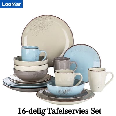 LooMar Serviesset – 16 delig – 4 persoons – Porselein - Luxe – Bordenset – Dinner platen – Dessertborden - Beige Blauw