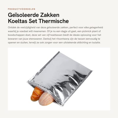 Dailygoods- Koeltas Geïsoleerd - 5 Stuks Set - Aluminiumfolie - Ritsontwerp - Duurzaam - Multifunctioneel voor Picknick/Kamperen - Voedselopbergtas