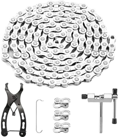 Thijox - Fietsketting 9 Versnellingen met Diefstalbeveiliging & 3 Paar Kettingslot voor Mountainbike 1/2 x 11/128 inch, 116 Schakels, Compleet Gereeds