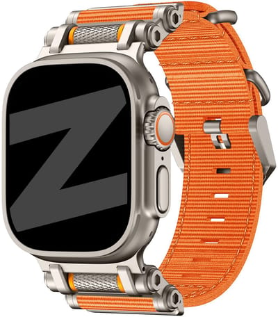 Bandz Apple Watch nylon bandje Explorer - horlogebandje geschikt voor Apple Watch 4/5/6/7/8/9/10/11/SE/Ultra (2) (44/45/46/49mm) - oranje/titanium