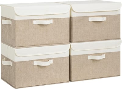 SAYS Opbergdozen met deksel, 4 stuks opbergdozen, stof, opvouwbare organizerbox met deksel, opbergmanden voor kleding, wit-bruine vouwdozen met deksel voor kledingkast