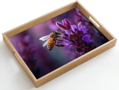 Dienblad hout 50x35 cm - Schootdienblad - Honingbij - Paarse bloemen - Details - Borrelplank rechthoek - Plateau dienbladen