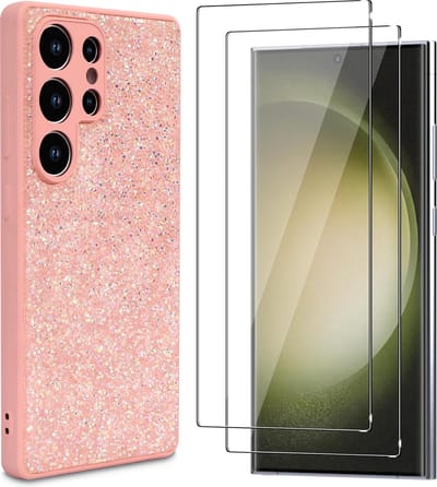 Casemania Hoesje & Glas Geschikt voor Samsung Galaxy S25 Ultra - Roze - Diamant Glitter Back Cover & 2x Glazen Screenprotector
