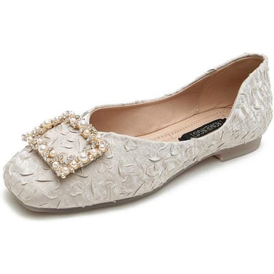 Zomer Temperament Vierkante Gesp Strass Pers Geplooide Satijn Vierkante Neus Metaal Enkele Schoenen Platte Scoop Schoenen Mary Jane Schoenen 42 white