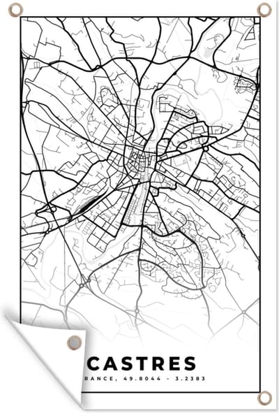 Muurdecoratie Frankrijk - Kaart - Castres - Plattegrond - Stadskaart - Zwart wit - 120x180 cm - Tuinposter - Tuindoek
