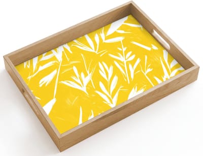 Dienblad hout 40x30 cm - Schootdienblad - Abstract - Bladeren - Geel - Penseelstreken - Borrelplank rechthoek - Plateau dienbladen
