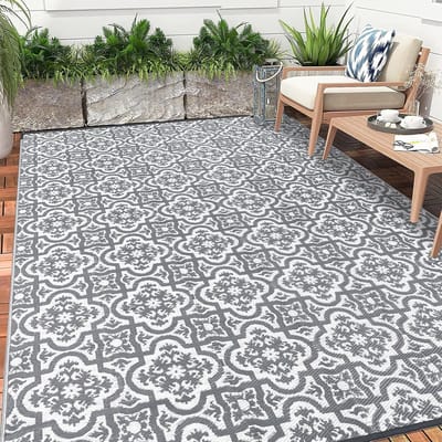 Grote outdoor tapijt, weerbestendig, voor tuin, 180 x 270 cm, uv-bestendig, grijs, campingtapijt, gerecycled kunststof, stro, omkeerbare tapijten voor balkon, terras, strand