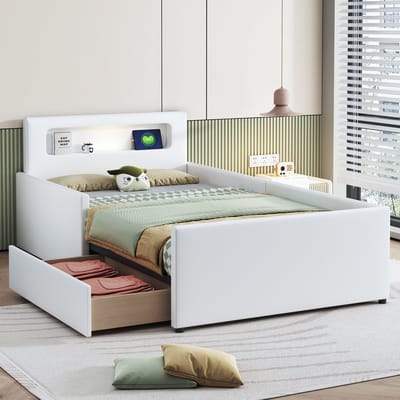 MODFU Kinder bedframe 90x200 cm – kunstleer wit – met nachtlampje, USB en lades – veilig en stijlvol