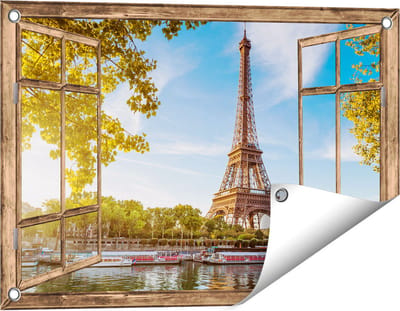 Gards Tuinposter Doorkijk Eiffeltoren in Parijs aan het Water - 60x40 cm - Tuindoek - Tuindecoratie - Wanddecoratie buiten - Tuinschilderij