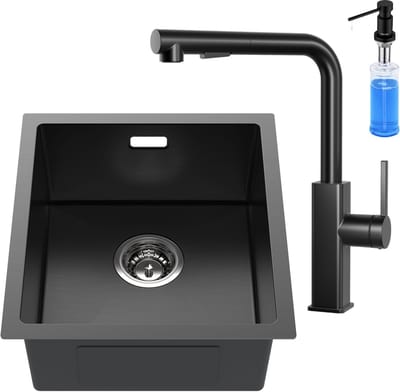 CECIPA max Spoelbak voor keuken 40x44CM - Spoelbak Keuken Met Keukenkraan - Spoelbakken Keuken Met Zeepdispenser 300ML - Wasbak Keuken - Antraciet