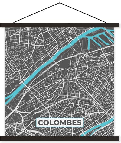 Posterhanger incl. Poster 60x60 cm - Schoolplaat - Colombes - Kaart - Plattegrond - Frankrijk - Stadskaart - Textielposter - Zwarte latten - Stadskaart
