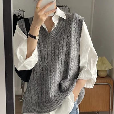 Gilet pull torsadé pour femmes en automne et en hiver Superposition Petit gilet Nouveau style pour l'extérieur et l'intérieur Rétro Ample Tricoté Pull Gilet One size white