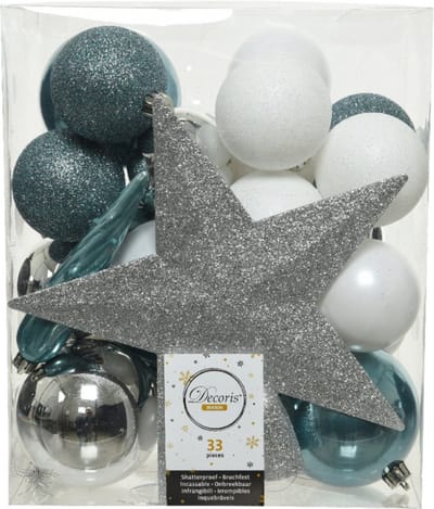 Decoris kerstballen set - 34-dlg - zilver/ijsblauw/wit - incl. piek - kunststof - kerstversiering