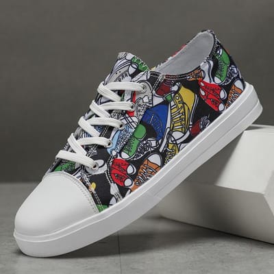 Chaussures de Sport en Toile pour Femmes Hommes Motif Brodé Baskets Plates Femmes Lacets Luxe Designer Chaussures à Plateforme Grande Taille 46 43 noir
