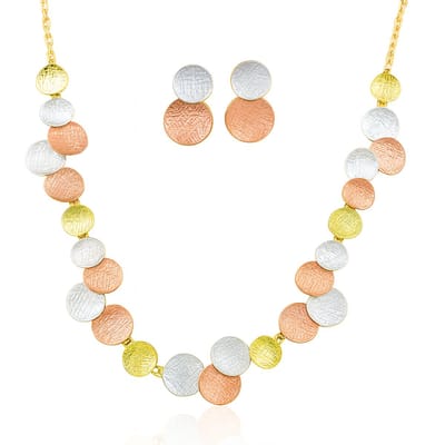 Rood Blauw Gouden Ronde Bloemblad Vorm Ketting en Oorbellen Set voor Dames – Milieuvriendelijke Legering