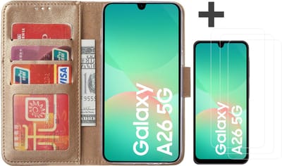 Hoesje met 3 Stuks Screenprotectors Geschikt voor Samsung Galaxy A26 – Arara bookcase met pasjeshouder - Goud