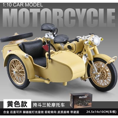 1:10 Diecast Zijspan Trike Model Simulatie Legering Geluid Licht Speelgoedauto Retro Sieraden Verzameling Miniatuur Auto Jongenscadeau