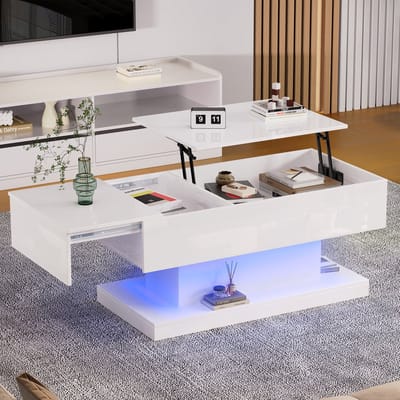 Salontafel 100x50x45 cm - met LED-verlichting - half-verstelbaar tafelblad en zijwaarts verplaatsbaar - met opbergruimte - wit