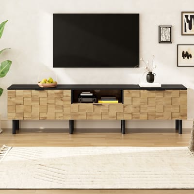 MODFU - Tv-Meubel - Mozaïekdeuren - Open Vak En Lade - Voor Woonkamer - Spaanplaat En Metalen Poten - Naturel En Zwart - 170 X 35 X 44,5 Cm