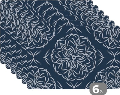 Placemat - Placemats kunststof - Patroon - Bloem - Donkerblauw - 45x30 cm - 6 stuks - Hittebestendig - Anti-Slip - Onderlegger - Afneembaar