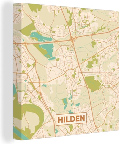 Canvas Schilderij Hilden - Plattegrond - vintage - Kaart - Stadskaart - 20x20 cm - Wanddecoratie