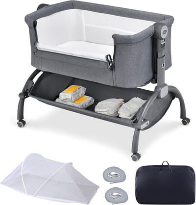 COSTWAY 3-in-1 bijzetbed & babywieg & wieg, reisbed baby met matras, babybed 7 vakken in hoogte verstelbaar met draagtas, opbergmand voor baby's tot 9 maanden (grijs)