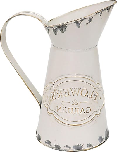 Rustieke metalen vaas en gieter - Vintage Franse jug voor bloemen - Galvaniseerd tin decor voor landelijke stijl - 22.5 cm hoog