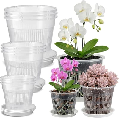 SnelShoppen - 9 Transparante Orchidee Potten met Schotels en Drainagegaten, Ademend Plastic Plant Potten voor Orchideeën Verpotten - Set van 11, 14 en