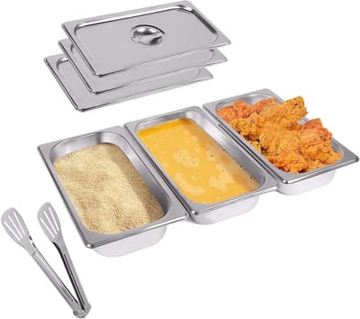 Breading Dish Set van 3 - Roestvrijstalen GN Container voor Breading Station, Ideaal voor Snitsels en Culinaire Bereidingen, Rectangulaire Bakplaten met Deksel