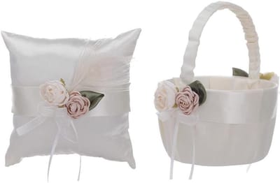Uposao 2 Stks/set Bloem Meisje Mand En Ring Drager Kussen Set Satijn Bloem Manden Met Vlinderdas Ring Kussen Elegante Bruiloft Bloem Mand Voor Bruiloft Decoratie Ceremonie Levert