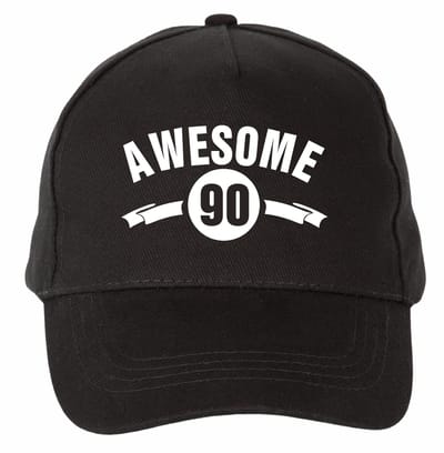 Mijncadeautje - 5 panel - Cap - Verstelbaar - Pet van 100% dik geborsteld katoen- unisex - opdruk wit - Awesome 90 jaar - zwart