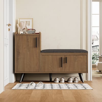 MODFU - Schoenenbank Met Opbergruimte - Gestoffeerde Zitting En Verstelbare Planken - Modern - Voor Hal - Spaanplaat - Naturel - 100 x 34 x 68,5 cm