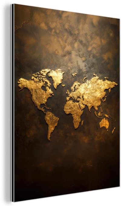 Aluminium schilderij 90x120 cm - Wanddecoratie metaal - Wereldkaart - Goud - Roest - Metalen muurdecoratie woonkamer - Decoratie industrieel - Foto op dibond - Industriële accessoires slaapkamer
