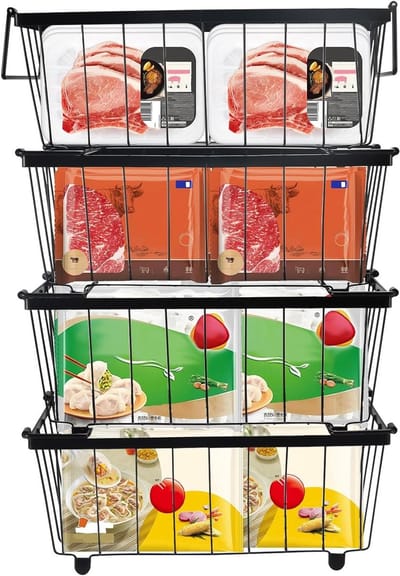 Diepvriesmanden Stapelbaar - Opbergmanden Vriezer - Voedsel Organiseren - Opvouwbare Handgrepen - 37x19x14 cm - Zwart
