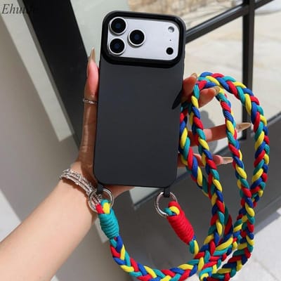 Étui Lanière Mode Pour iPhone 17 Pro Max 14 12 11 13 15 16 Plus 17 Air Antichoc Bonbon Bandoulière Cordon de Cou Tressé Housse for iPhone 14 noir