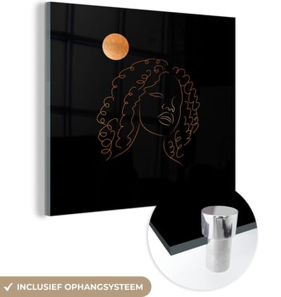 MuchoWow® Glasschilderij 50x50 cm - Schilderij acrylglas - Vrouw - Maan - Line art - Goud - Foto op glas - Schilderijen