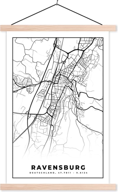 Posterhanger incl. Poster 40x60 cm - Schoolplaat - Plattegrond - Kaart - Revensburg - Stadskaart - Textielposter - Blanke latten - Stadskaart