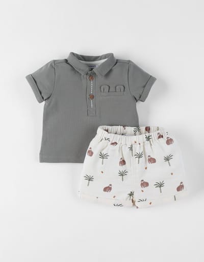 Noukie's set - Polo kaki + short gorilla- 12 mdn - 80