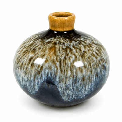 Knopvaasje keramiek – blauw grijs drip - handgemaakt decoratief vaasje – minimalistisch bloemenvaasje – compact woonaccessoire (1 stuk)
