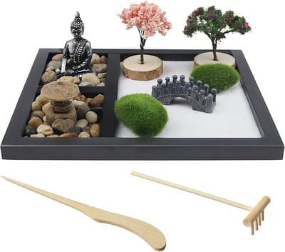 Zen Tuinset - Meditatie Tuin - Ontspanning Thuis - Natuurlijke Materialen - 24x19x4.5 cm - Zwart
