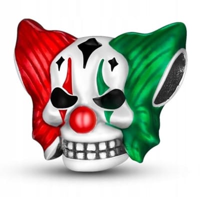 Fler® | Bedel | Past op populaire bedelarmbanden (standaard - 3mm) | Clown Skull Bedel | Hangbedel Charm | 925 sterling zilver | Groene, Rode & Zwarte emaille | Valentijnsdag Cadeau | Sinterklaas kado | Kerstcadeau | Verjaardagsgeschenk | Vriendschap