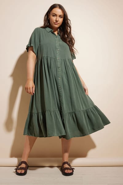 Yours Gelaagde Chambray Overhemdjurk Met Korte Mouwen In Kakigroen Size 46