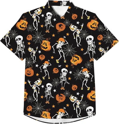 Kleurijk Hawaii Shirt voor Halloween met Skelet, Spinnenweb en Pompoen - Vintage Casual Outfit voor Feestjes