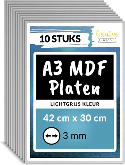 Creative Deco 10 x A3 MDF - Plaat Grijs | 420 x 300 x 3 mm | Perfect voor Lasersnijden, CNC - Frezen, Modelleren, Freeswerk, Figuurzagen
