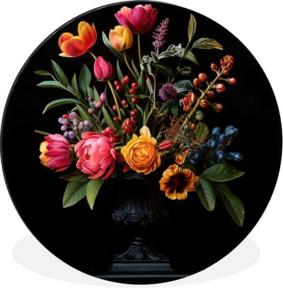 WallCircle - Wandcirkel - Muurcirkel - Tulpen - Bessen - Boeket - Vaas - Aluminium - Dibond - 30x30 cm - Binnen en Buiten