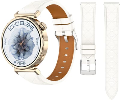 Stravo Luxe slank lederen bandje 20mm - Geschikt voor Samsung Galaxy Watch 7 6 5 4 - Classic - Elegant slank leren horlogebandje – diamantpatroon design voor Garmin Vivoactive 5 3 - Forerunner 245 - Venu SQ 2 - Vivomove - Huawei - Leer - Wit