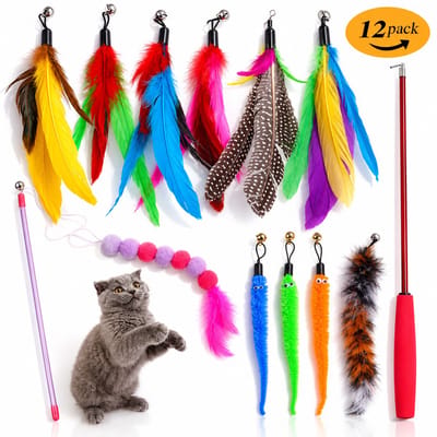 Twenty4seven® Kattenhengel Set 12-Delig - 2 Hengels met Verwisselbare Opzetstukken - Kattenspeelgoed Interactief - Speelgoed voor Katten & Kittens