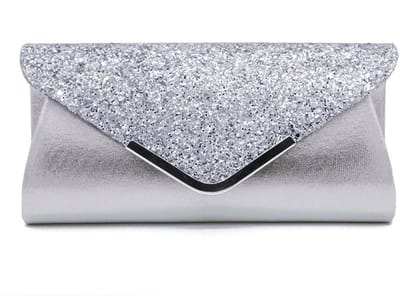 Avondtas Dames - Schoudertas Portemonnee - Feestelijke Gelegenheden - Glitter pailletten ontwerp - 25 x 12 cm - Zilver